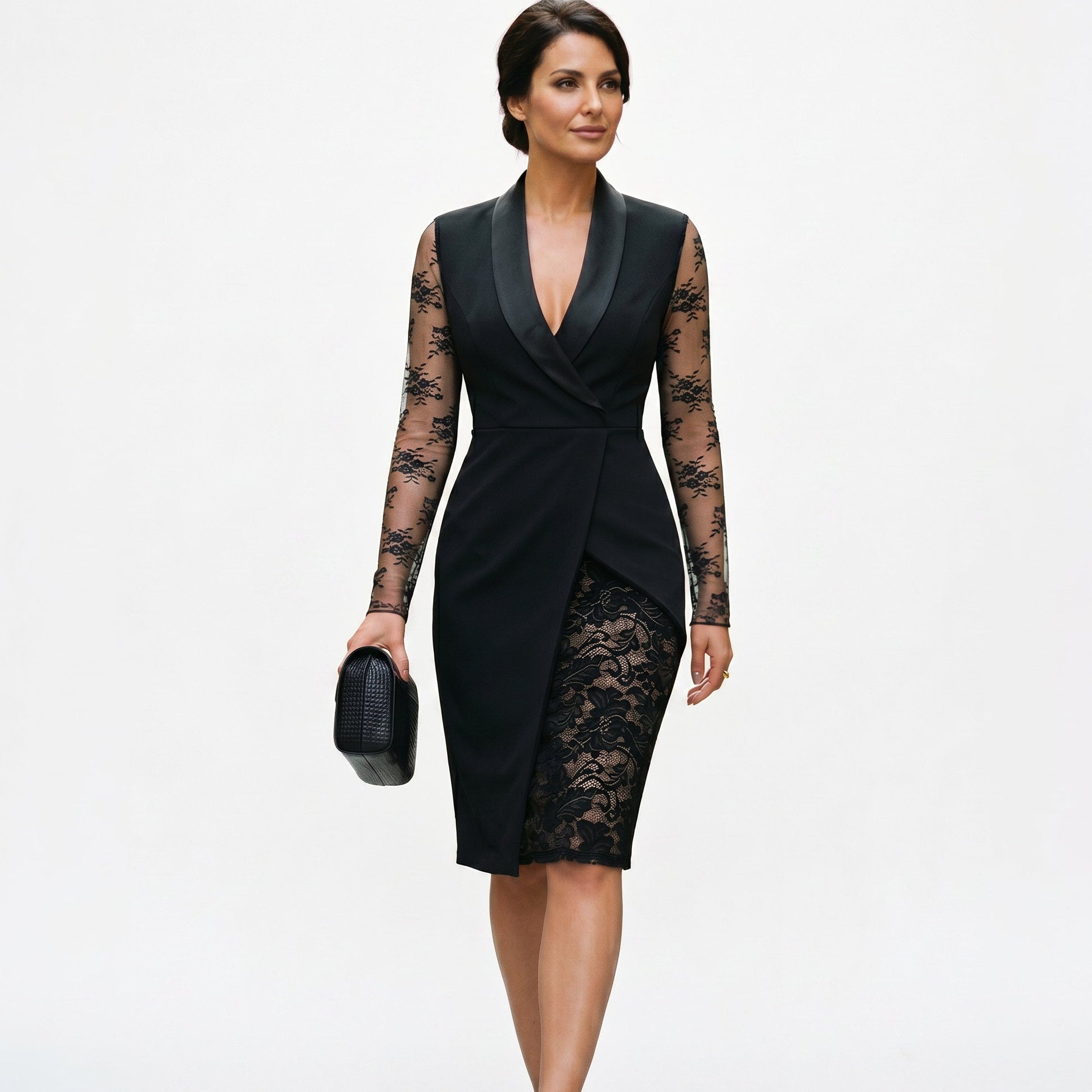 Elena - Elegancka Czarna Sukienka Koktajlowa Midi 0